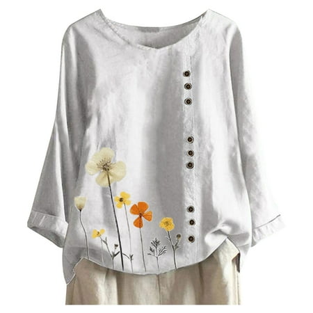 

koaiezne Floral Women Casual O Neck Button Top Sleeve Loose Print Blouse Long T Shirt Women s Blouse Scrub Women Set Women Casual T Shirts