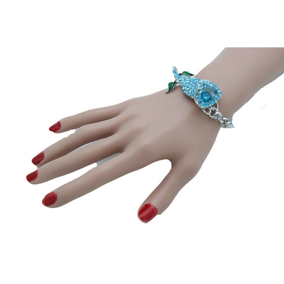 Women Fashion Bracelet Silver Metal Chain Turquoise Blue Flower Bling Charm