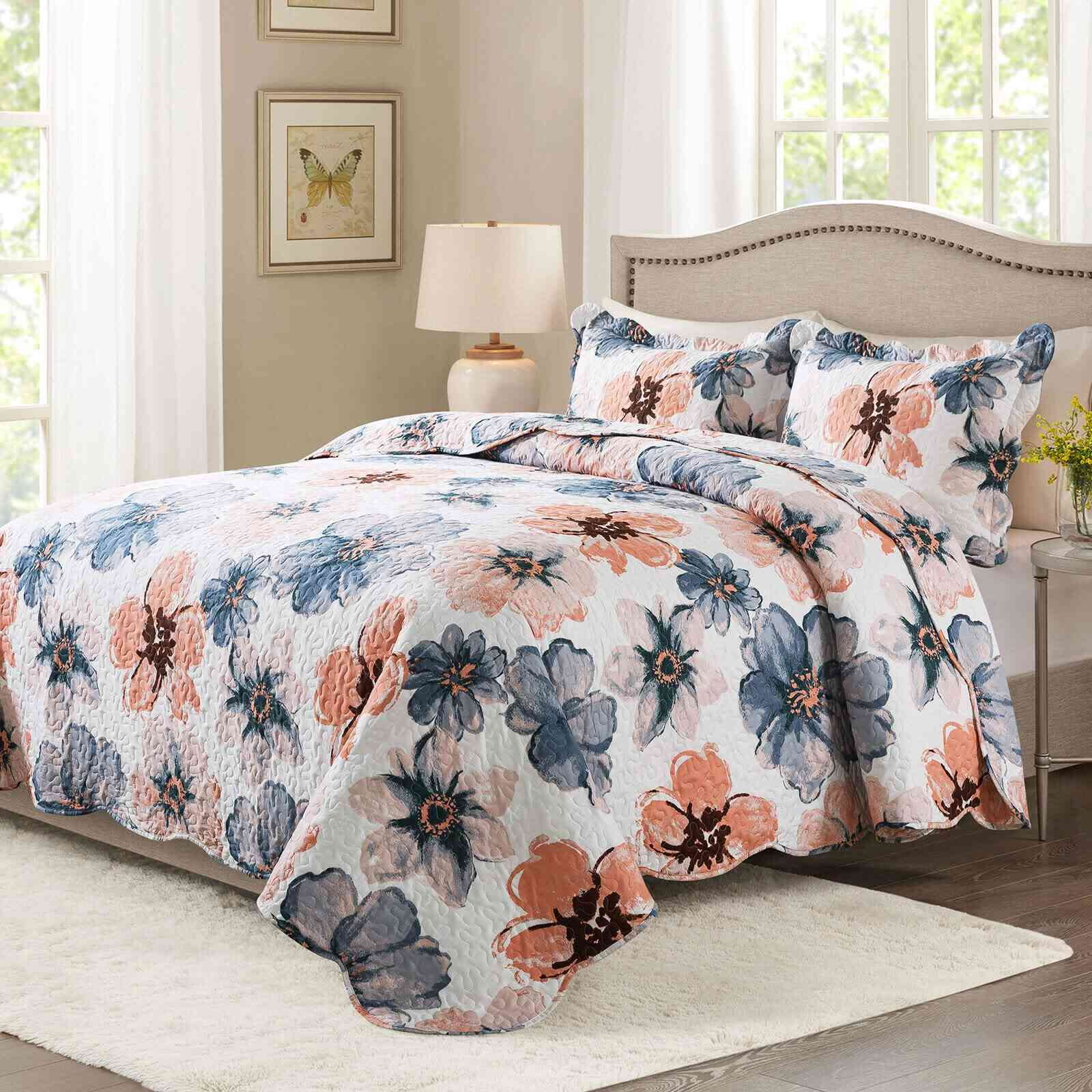 WannaToo Quilts Queen Size - 3 Piece Microfiber Quilt set Reversible Bedspreads Patchwork Coverlets Floral Bedding Set All Season, Blue and Pink