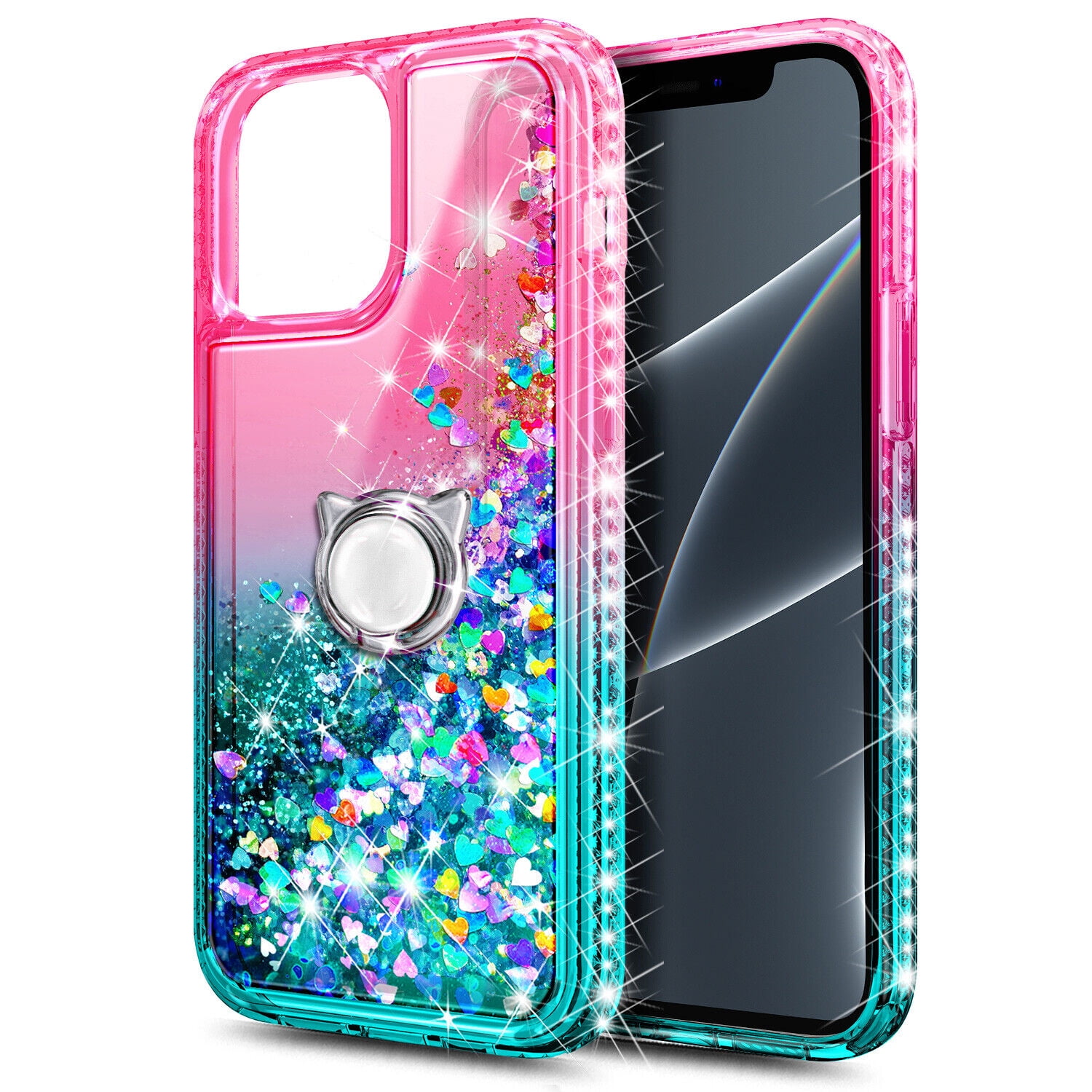 Case for iPhone 14 Plus, Moving Liquid Holographic Glitter Case with Kickstand, Women Slim Protective Case, Pink&Green