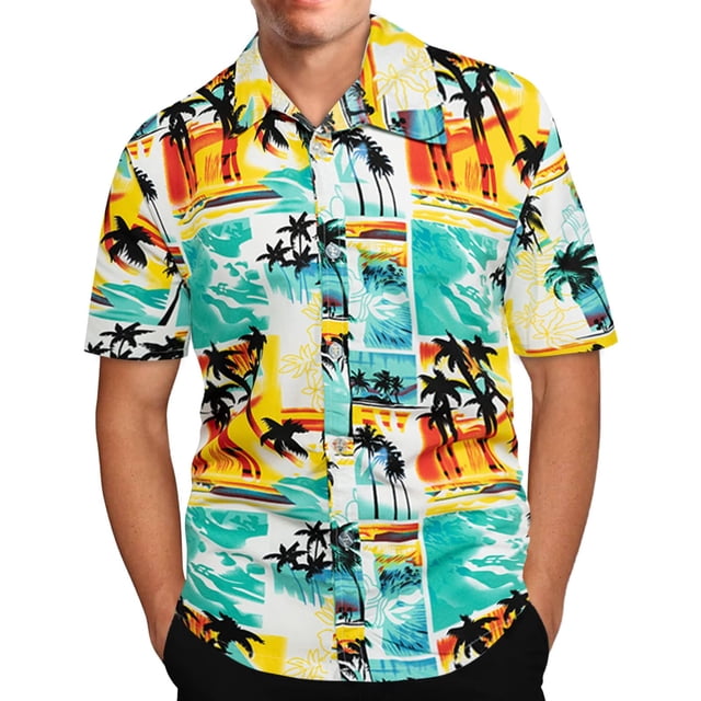CEHVOM Men's Hawaiian Print Lapel Short Sleeve Shirt Sale