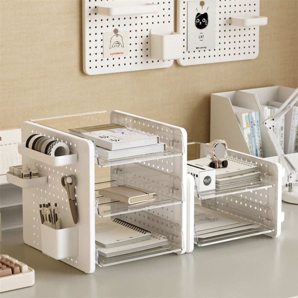 Desktop Organizer 2/3 Tiered Stackable File Letter Tray with Pegboard Pen Cup