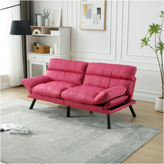 JERFIT Modern Linen Sleeper Sofa Bed for Small Spaces, 2-Seater Convertible Couch with Thick Cushions and Metal Legs, Rose Red Loveseat for Living Room, Apartment, Dorm