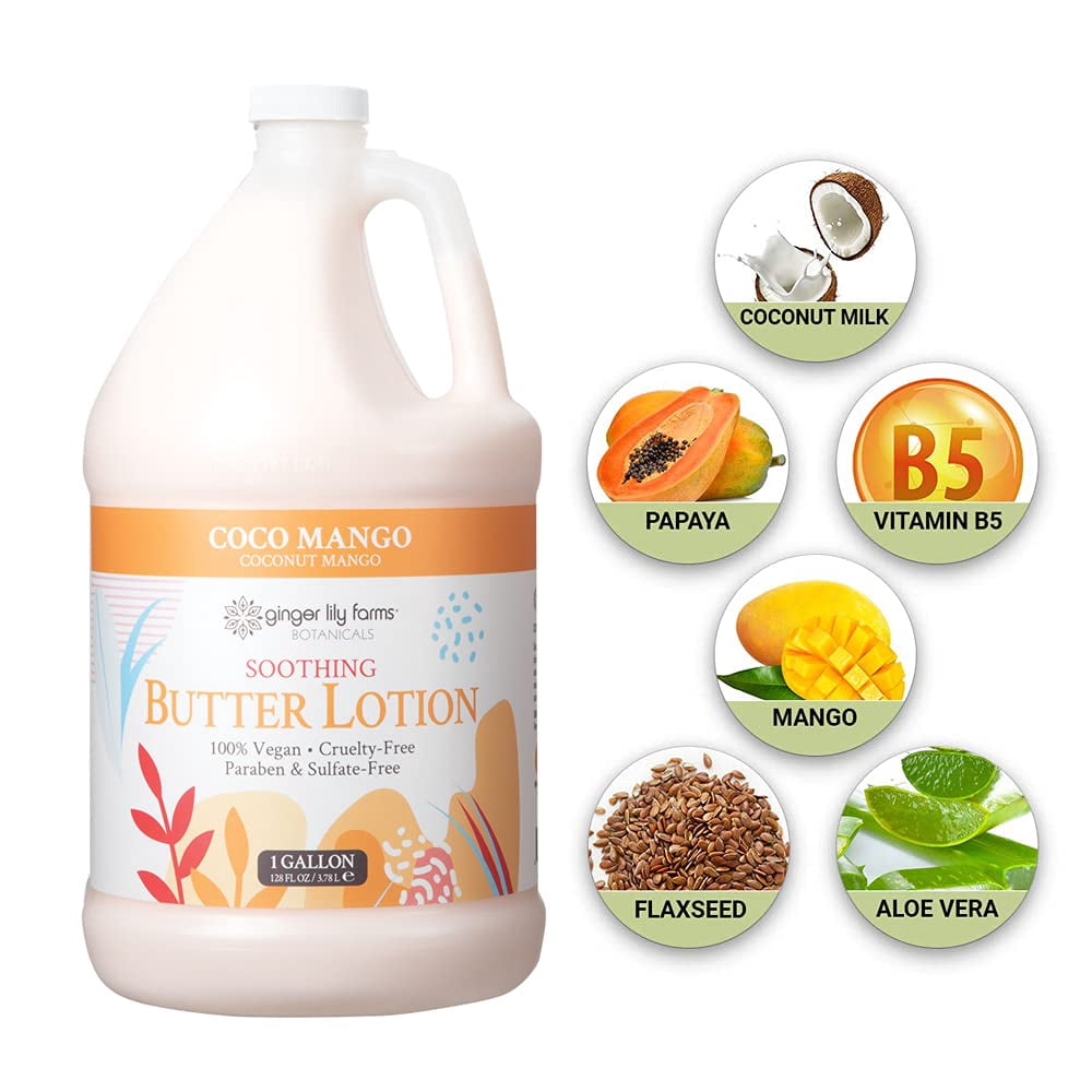 Ginger Lily Farms Botanicals Coco Mango Soothing Butter Lotion, 100% Vegan, Paraben, Sulfate, Phosphate, Gluten and Cruelty-Free, 1 Gallon