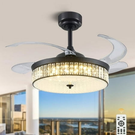 

Saim 42 Inch Crystal Ceiling Fans with Lights 3 Color Remote Control Retractable Invisible Blades 6 Speeds Indoor Ceiling Light