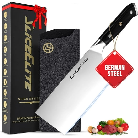 Slice Series 7-Inch Cleaver Knife – High Carbon German Steel Blade with Ergonomic Pakkawood Handle, with Options of Durable Polymer and Premium Leather Sheaths (Cleaver Knife)