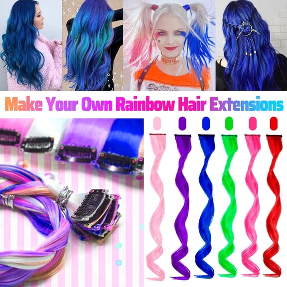 WEIF-12 PCS Blue Hair Extensions Clip in, Curly Wavy Colored Extension for Kids Girls - Party Highlights Synthetic Hairpiece 17 inch