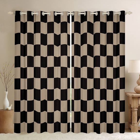 Castle Fairy Geometric Grid Plaid Black Out Curtains for Kids Children Teens,Vintage Aesthetic Curtains Pack of 2 (42x63 Each),Black Brown Bedroom Curtains,Microfiber Bedroom Decor