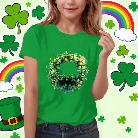 ATOGUTA Girl Shirt Kids St. Patrick's Day Summer Tops Soft Casual Crewneck Basic Tees Green, Size 3T-15