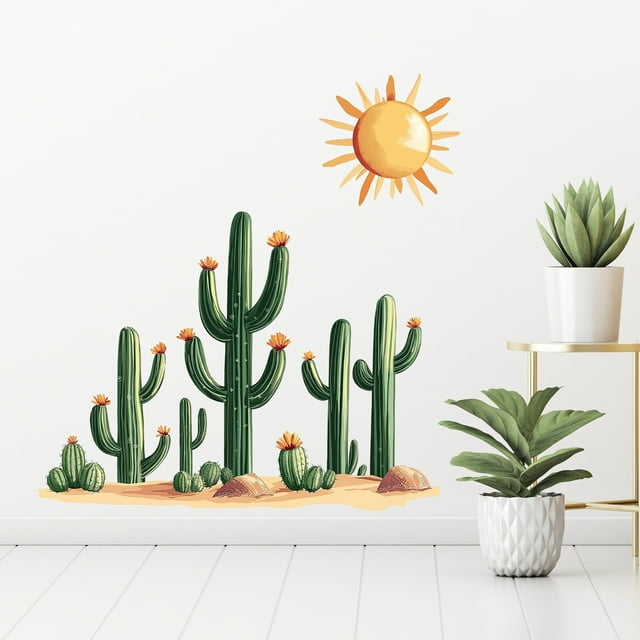 Adhesivos de pared de PVC con diseño de cactus tropicales, sol y desierto, 40 x 40 cm