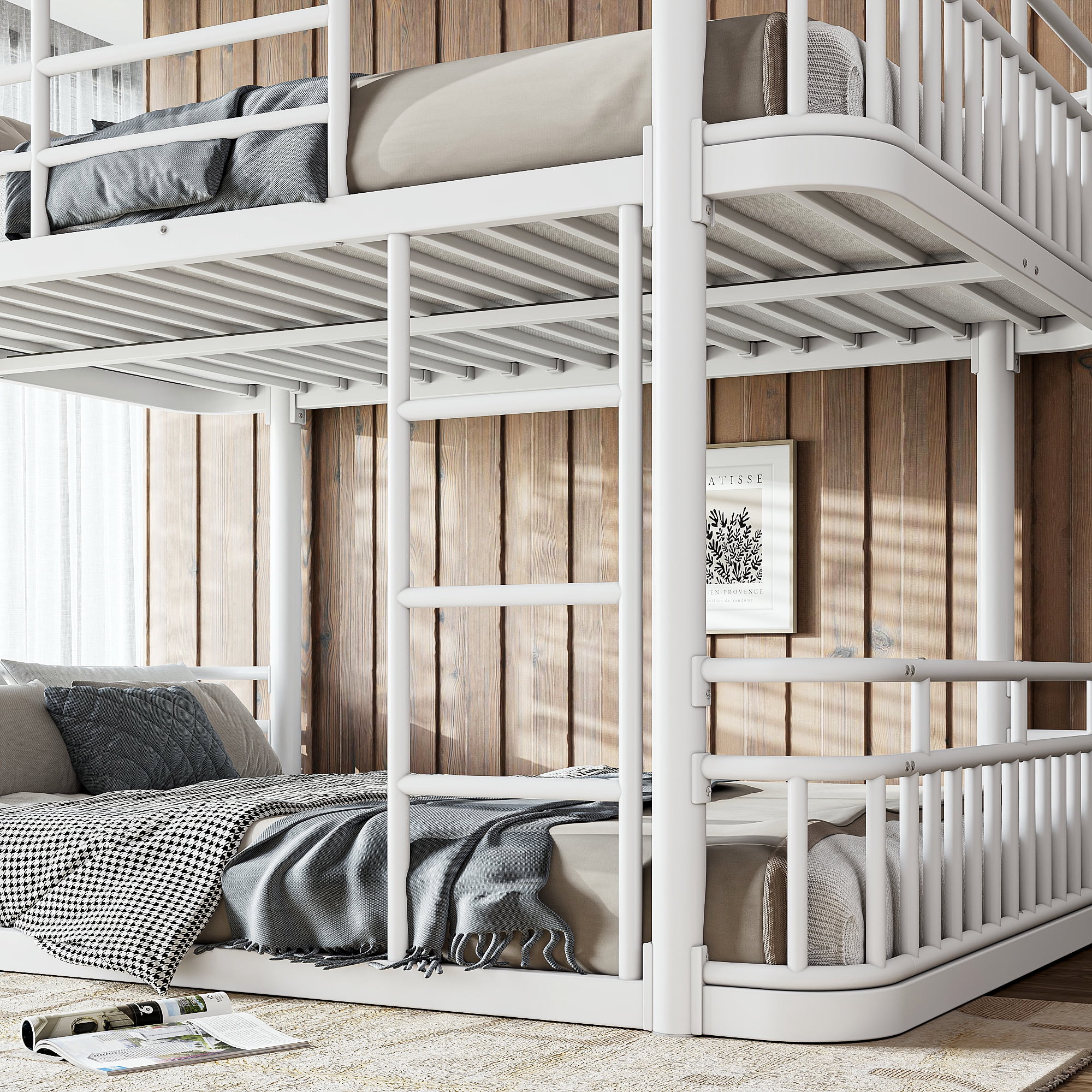 Leumius Full over Full Bunk Bed Frame with Ladders & Guardrails, Upgraded Round-Pipe Metal Frame, Stylish & Versatile for Any Room,White