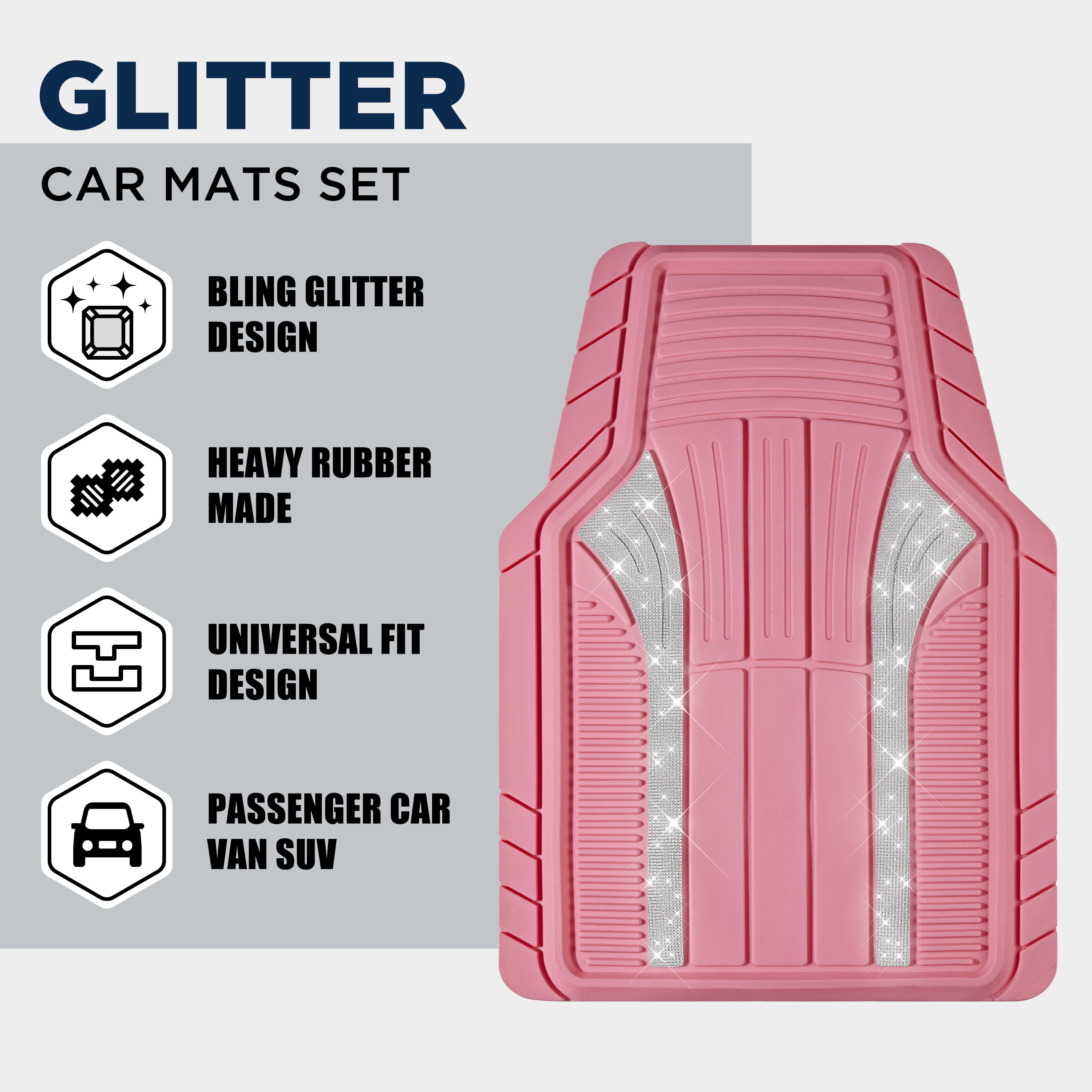 PIC AUTO Bling Rubber Floor Mats - Sparkly Glitter Hot Pink Car Mats Set, Heavy Duty All-Weather Waterproof Pads for Girls & Women, Universal Fit-Hot Pink