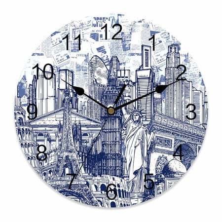 Wall Clock Architecture Landscape Clocks PVC Silent Non-Ticking Battery Operated Navy Blue Historic Landmarks Round Clock for Home Living Room Kitchen Bedroom Office School Wall Decor 12 Inch