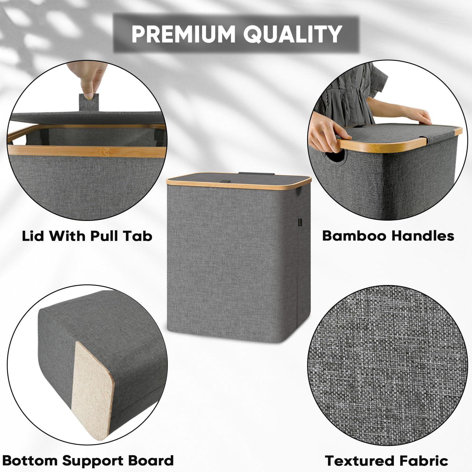 HOMLUX 36 Gallon/140L Laundry Basket Set, Collapsible Tall Clothes Hamper with Bamboo Handles and Sturdy Frame