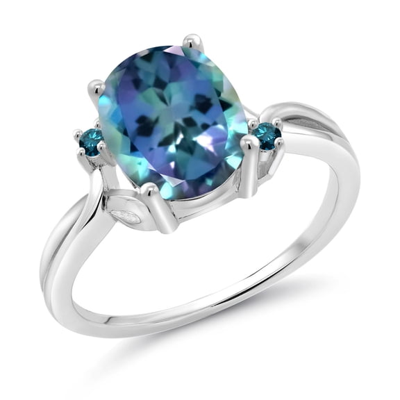 Gem Stone King 3.03 Cttw Millennium Blue Mystic Topaz and Blue Diamond 3-Stone Ring for Women | 925 Sterling Silver | Oval 10X8MM | Three Stone Wedding Engagement Anniversary Promise Ring | Size 5