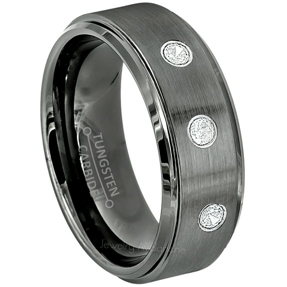Brushed Gunmetal Tungsten Ring - 0.21ctw Diamond 3-stone Band - Personalized Tungsten Wedding Ring - Custom Made April Birthstone Ring TN616BS