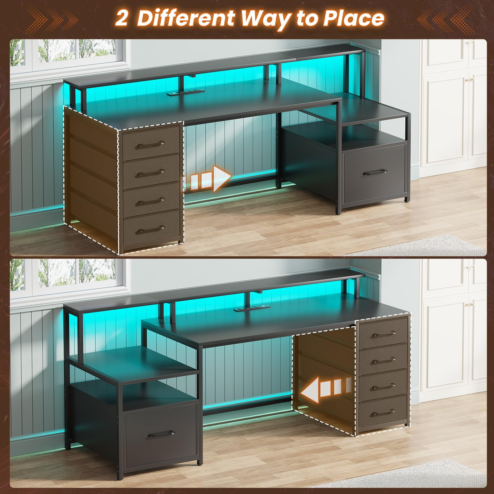 SEDETA Gaming Desk with 5 Drawer, Power Outlet & Led Lights, 66" Home Office Desk with File Drawer, Storage, Monitor Shelf, Computer Desk, Black