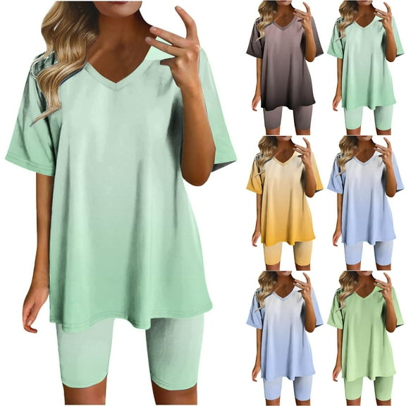 Bovxnpu Summer Casual Outfits For Women, 2 Piece Lounge Sets, Women Fashionable Loose Fitting Casual Printed Shorts Short Sleeved-Neck Blouses Sets S