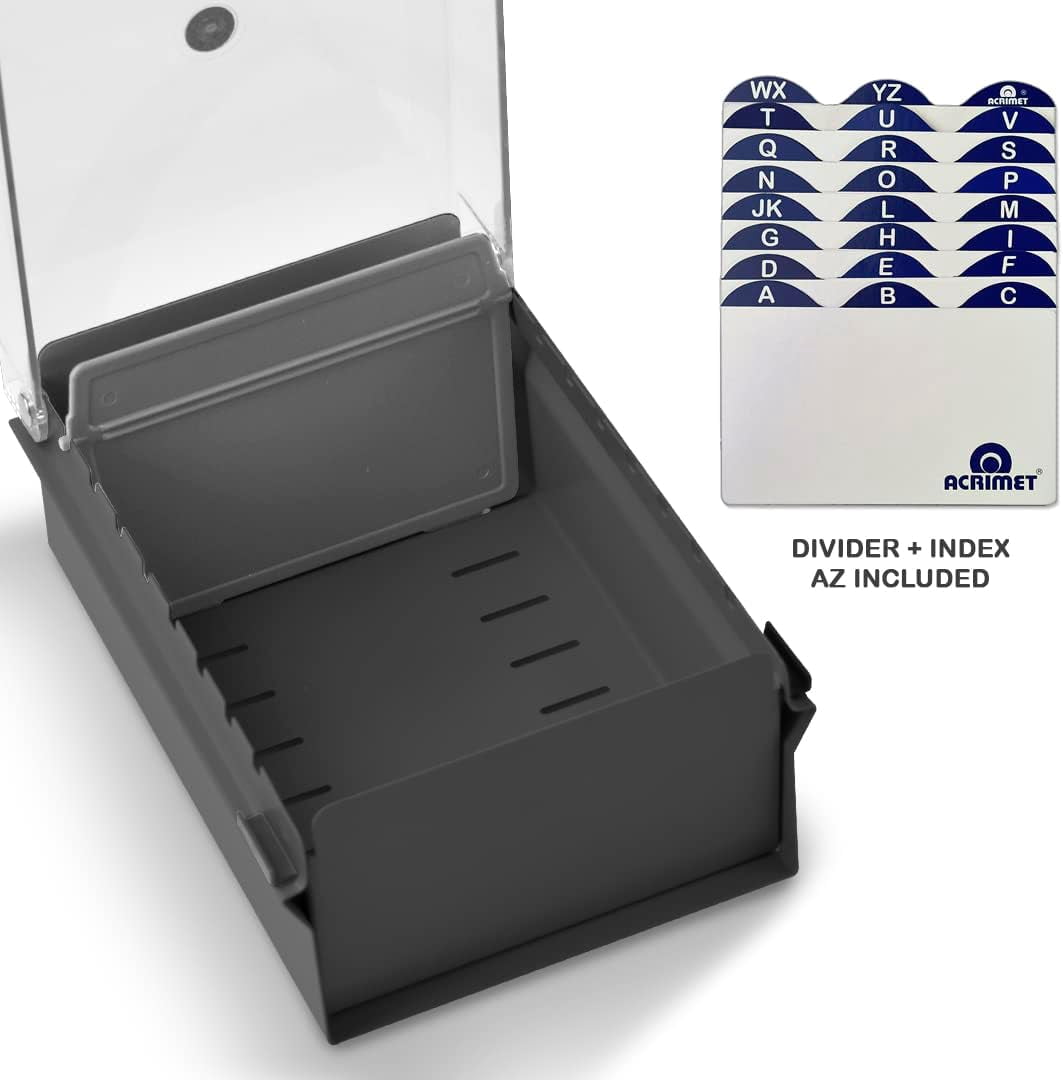Acrimet 3 x 5 Card File Holder Organizer Box Metal Base Heavy Duty (AZ Index Cards and Divider Included) (Gray Color with Clear Crystal Plastic Lid Cover)