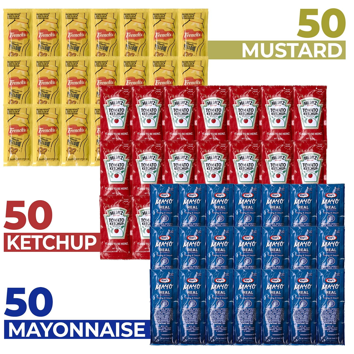 Grab-n-Go Condiment Packs - 150 Count, Ketchup, Mustard, and Mayo - Great for Picnics, Boxed Lunch, BBQ, Travel, Picnic and Parties (50 Each)