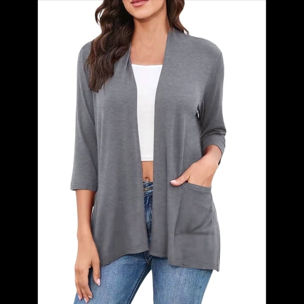 Cárdigan Informal para Mujer con Bolsillos, Mangas 3/4 y Abertura Frontal. Flor Gris S
