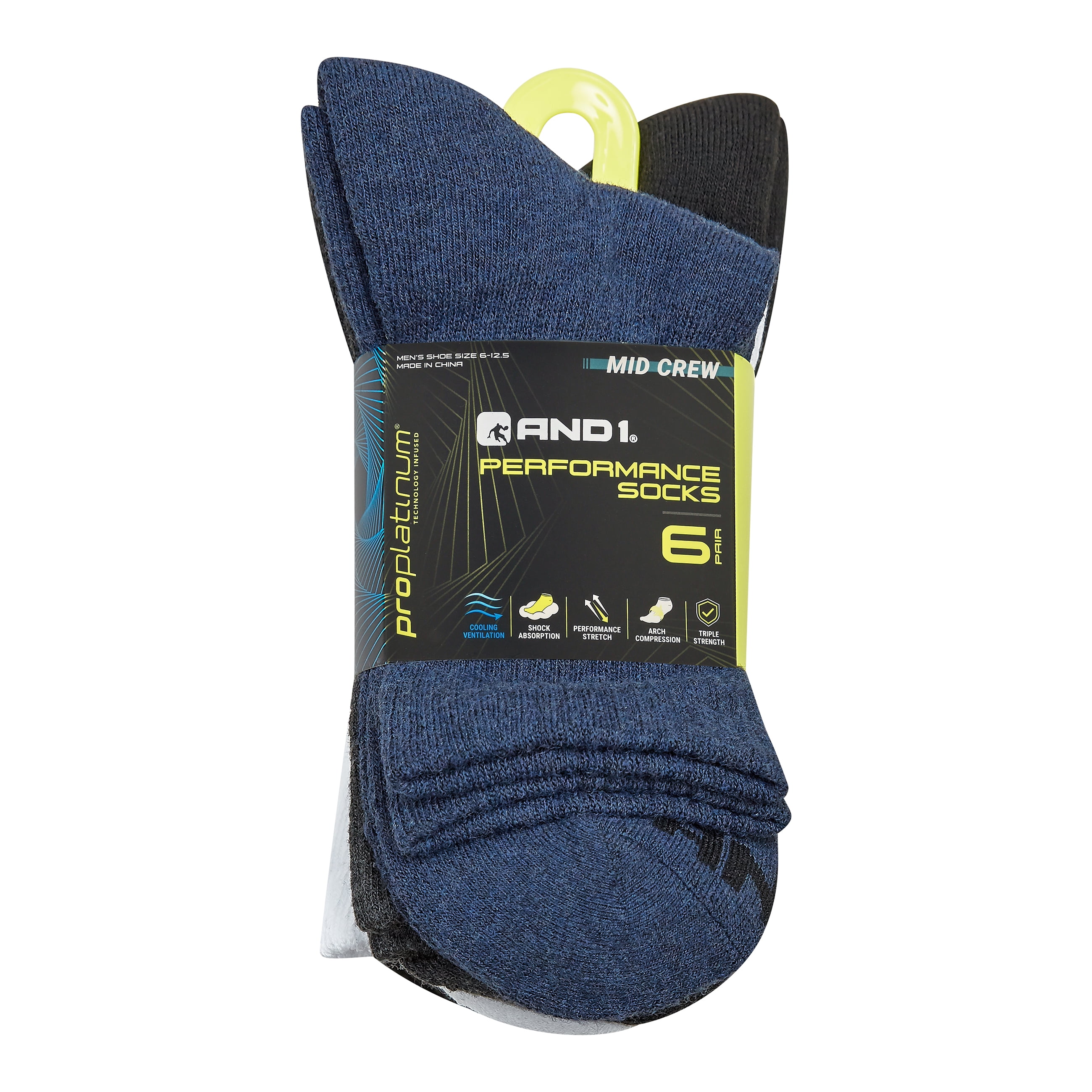 AND1 Men's Socks, Performance Cushion Mid Crew Socks, 6-Pack
