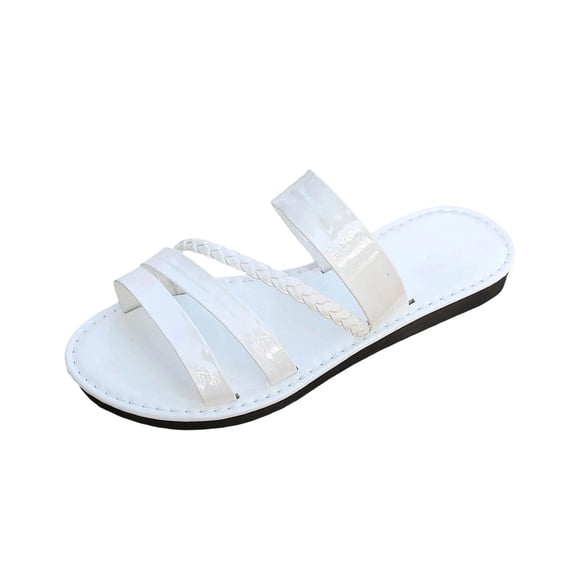 KIJBLAE Women's Patent Leather Wrap-Around Flat Sandals, Trendy Plus Size Beach Slippers, Glossy Summer Lightweight Non-Slip Footwear for Daily Wear White 39
