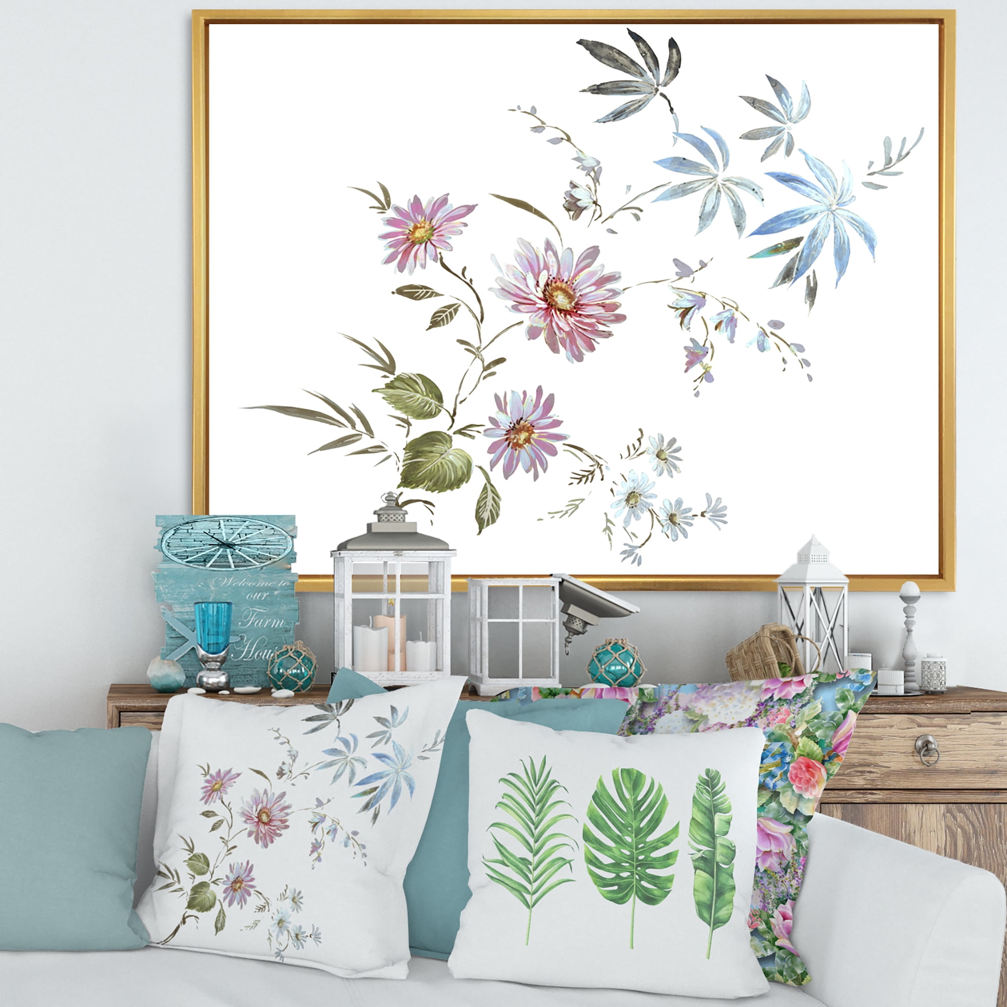 Designart 'Pink and Blue Wildflowers I' Traditional Framed Canvas Wall Art Print