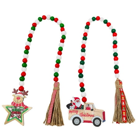 

2 Piece Christmas Wooden Bead Garland Rustic Farmhouse Bead Garland Tiered Tray Decor Winter Wood Bead Country Decor Rustic Farmhouse Pendant Wall Hanging Decor with Linen Tassel