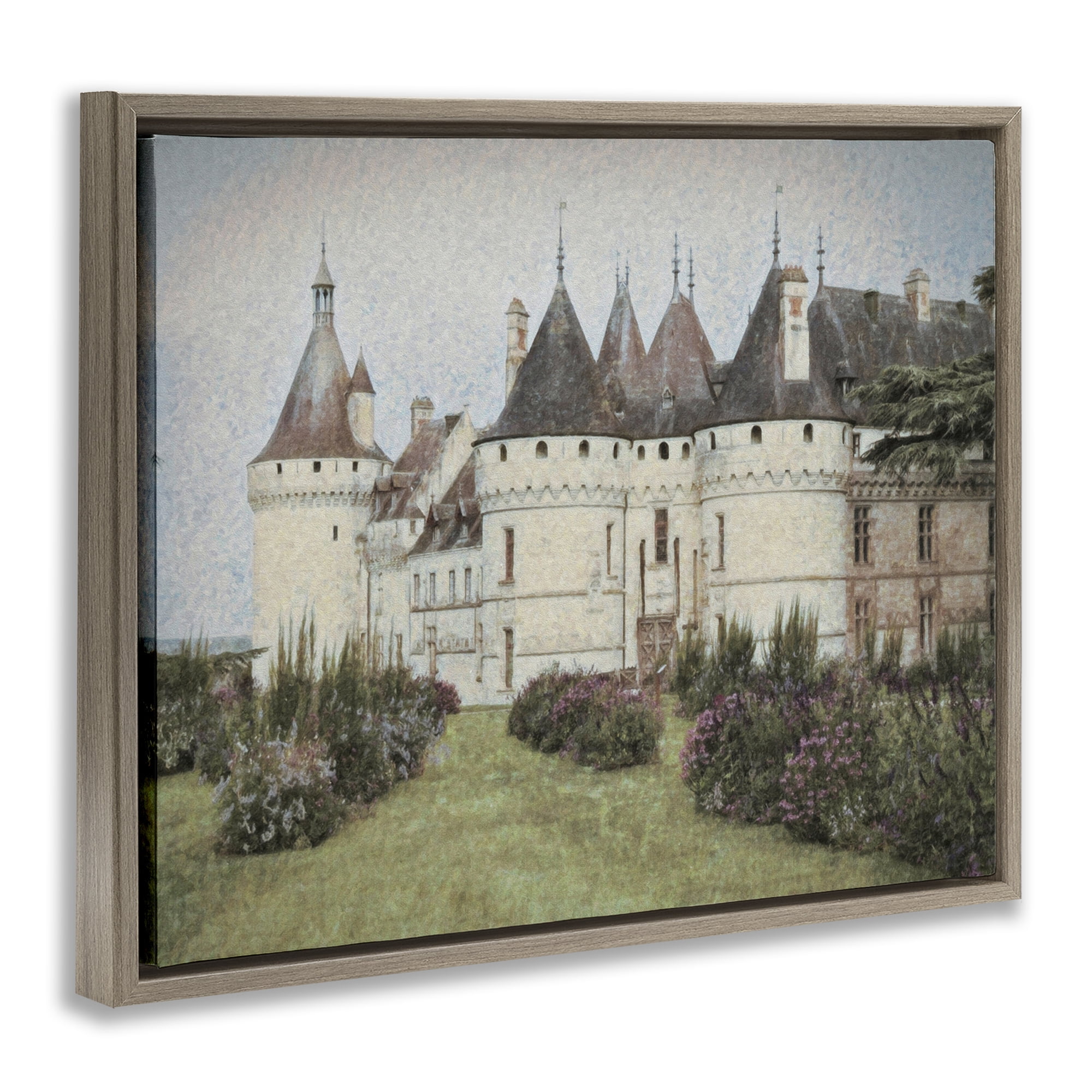 Stupell Industries French Castle Landmark Buildings & Architecture Painting Brown Floater Framed Canvas Art Print Wall Art, 21 x 17