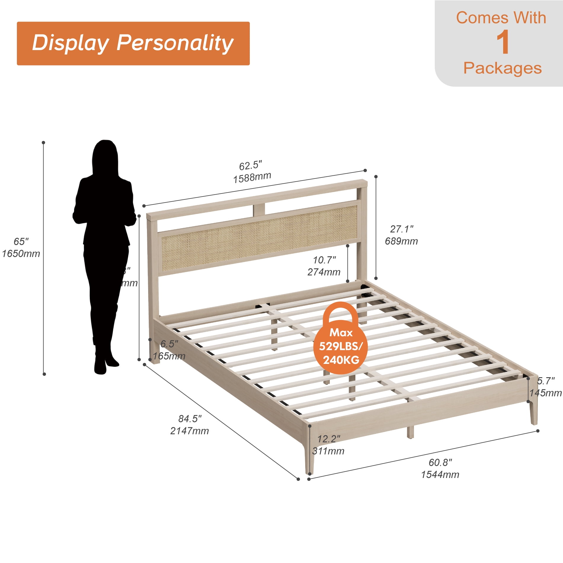 3-Piece Bedroom Set, Queen Bed Frame with Rattan Headboard & 2 Nightstand,Beige