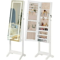 Luxfurni Standing Jewelry Armoire with LED Lights Full-Length Mirror with Jewelry Storage White Finish