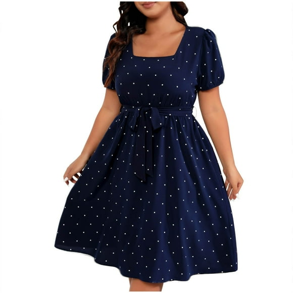 hotojiny Plus Size Dresses for Curvy Women Vintage Polka Dot Flowy A-Line Dress Elegant Puff Short Sleeve Tie Waist Cocktail Dress