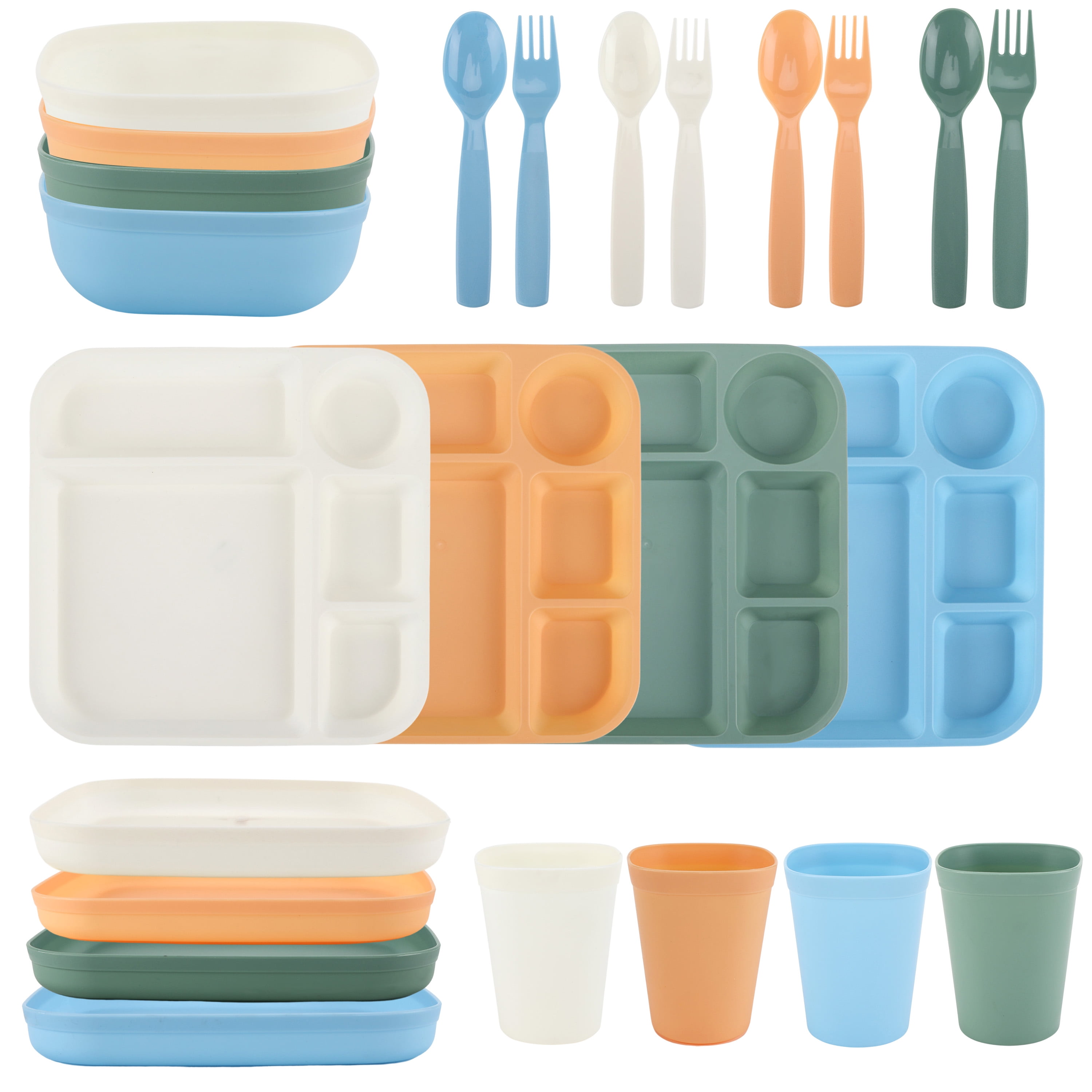 (4 pack) Your Zone 24-Piece Plastic Square Dinnerware Set for Kids with 4 Trays, Bowls, Plates, Cups, Forks, Spoons in Cream, Orange, Green, Blue