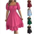 thumbnail image 1 of WRKEKC Women's Summer Square Neck Short Sleeve Dress with Waist Tie Solid Ruffle Hem Casual Sundress, 1 of 8