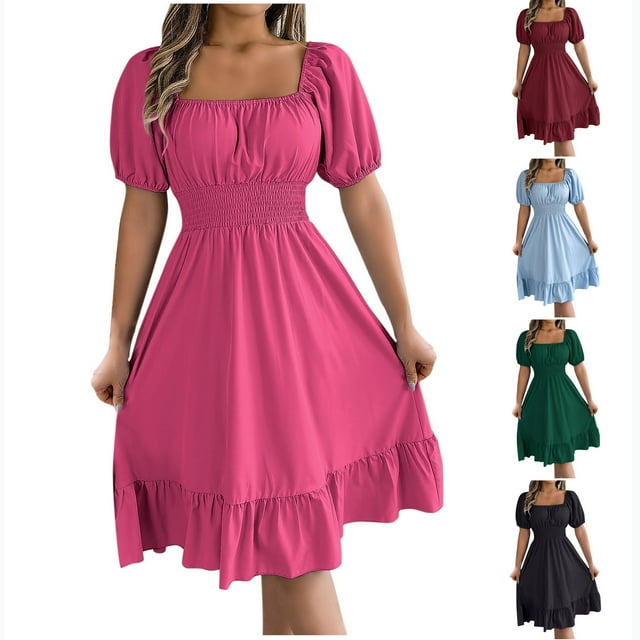 WRKEKC Women's Summer Square Neck Short Sleeve Dress with Waist Tie Solid Ruffle Hem Casual Sundress