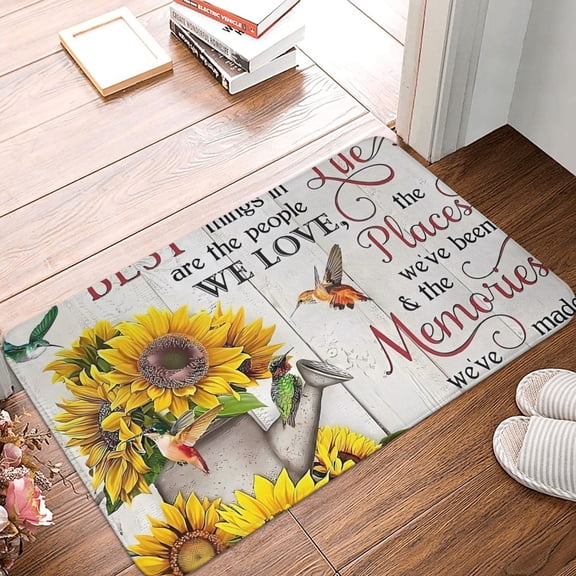 Front Door Mat Indoor Outdoor Outside Entrance - 16*24in Washable Memories Sunflower Hummingbird Thin Bathroom Rugs Fit Under Door, Bath Rugs for Bathroom, Kitchen Rugs Mats for Floor