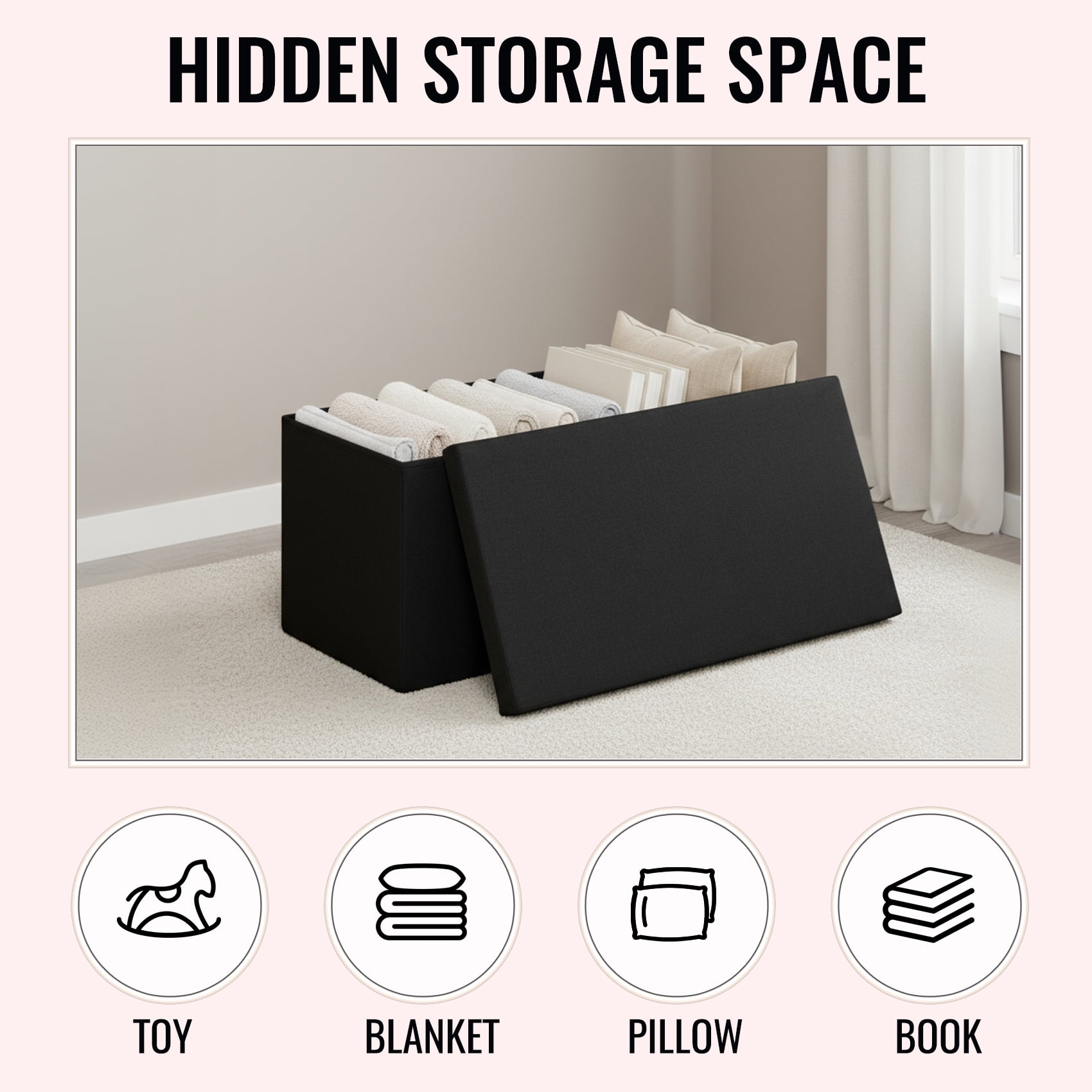 PINPLUS 30 " Ottoman with Storage Bench, Folable Ottoman Coffee Table with Tray, Foot Rest, Toy Chest Box for Living Room, Bedroom, Linen Fabric, Black