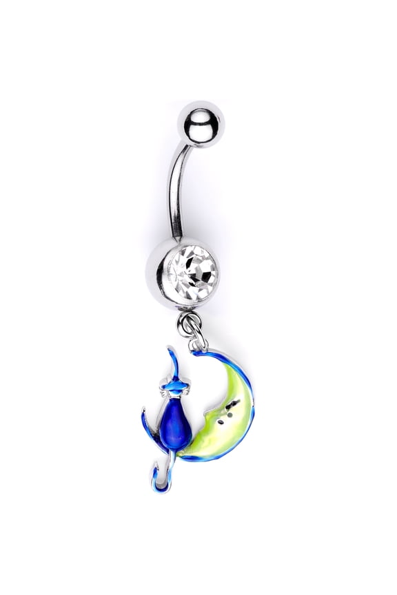 Womens 316L Steel Navel Ring Piercing Clear Accent Witch Cat Moon Dangle Belly Button Ring