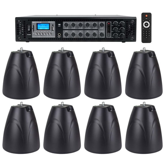 Rockville 6-Zone Commercial Amp 8 Black Pendant Speakers For Restaurant/Bar/Cafe
