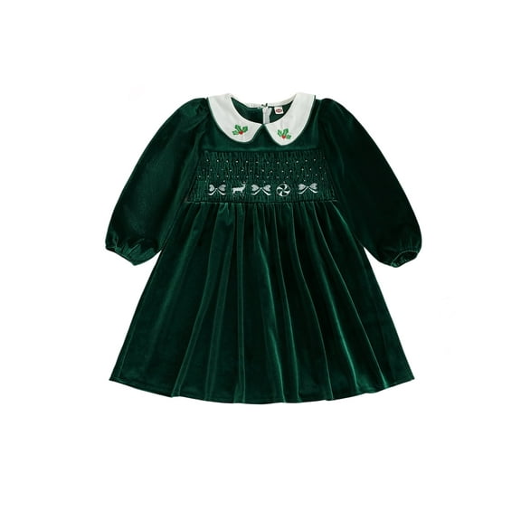 BemeyourBBs Little Girl Velvet Christmas Dress Deer Bow Holly Long Sleeve Dress