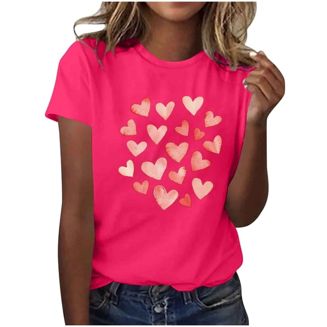 Camiseta de Manga Corta de Cuello Redondo con Patrones de Corazón de Moda de las Mujeres para Diario, Fiesta, Primavera Y Verano
