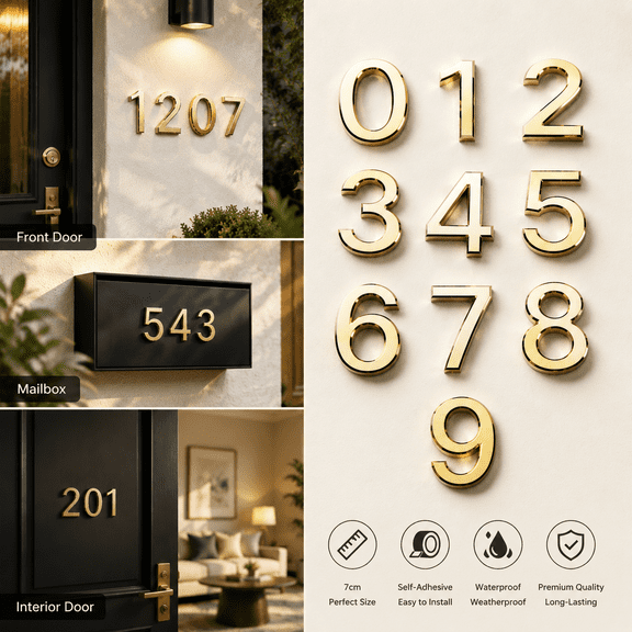 Dalang Address House Numbers for Outside, Easy to Install 3D Gold Individual Numbers for Address on House, for Apartment Home Street Office Mailbox