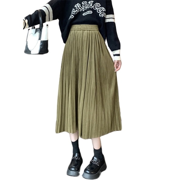 Txlixc Falda plisada de terciopelo para mujeres casual color sólido falda elástica de cintura a larga en otoño, adecuada para usar en la calle Txlixc moda