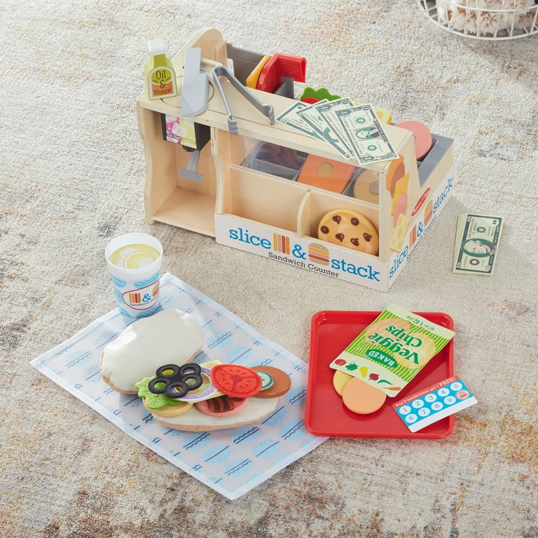 Melissa & Doug Wooden Slice & Stack Sandwich Counter with Deli Slicer –  56-Piece Pretend Play Food Pieces - FSC-Certified Materials 