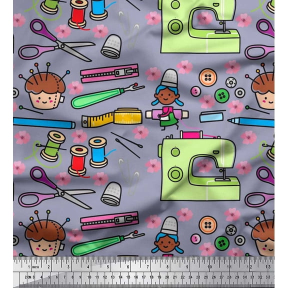 Soimoi Silk Fabric Scissor,Buttons & Machine Sewing Printed Craft Fabric by The Yard 42 Inch Wide