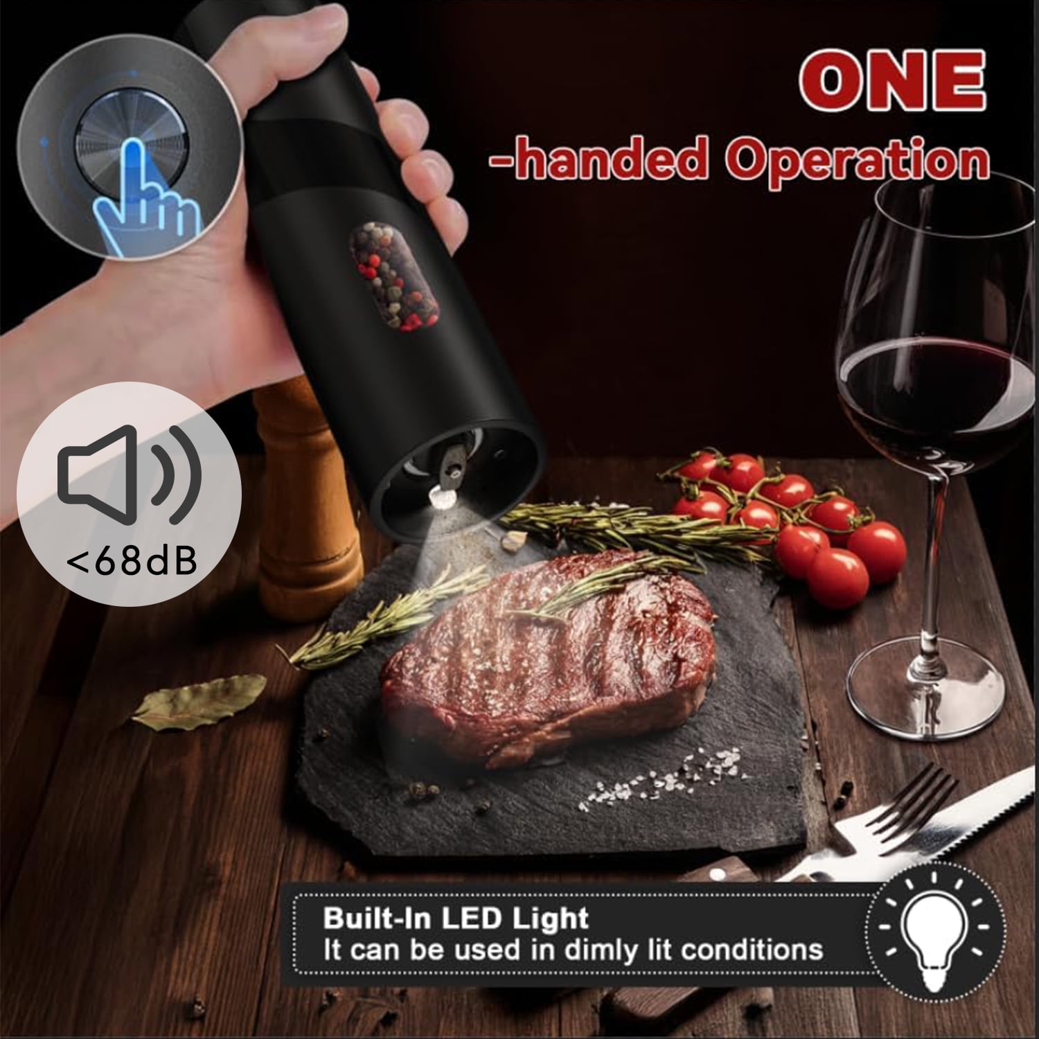 BN-LINK 2Pack Electric Pepper and Salt Grinder Set, Rechargeable Salt and Pepper Mill with LED Light, Charging Base & Adjustable Coarseness, One Hand Automatic Operation, for Kitchen, Outdoor, Black