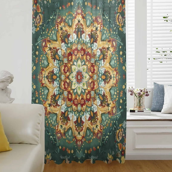 Boho Flower Semi Sheer Curtains Drapes for Living Room, Bedroom, French Doors Window 72 Inches Long, Yellow Green Bohemian Colorful Medallion Rod Pocket Chiffon Curtain Drapery Voile Draperies Panel