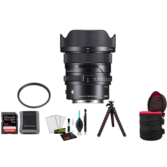 Sigma 24mm F/2 DG DN Contemporary Prime Lens for Sony E 403965 Bundle with with 64GB Memory Card   UV Filter   Tripod and More