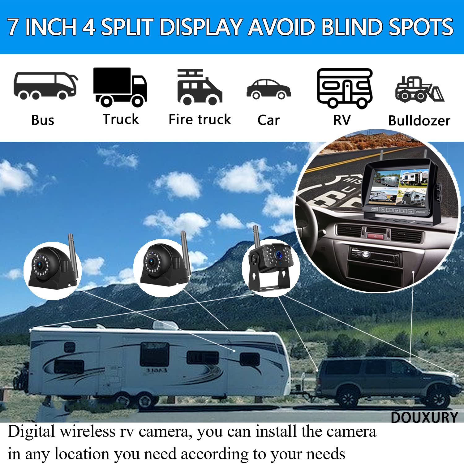 Wireless RV Backup Camera for Truck Trailer Camper Digital Rear Side View  Cameras  HD 1080P Splits 7